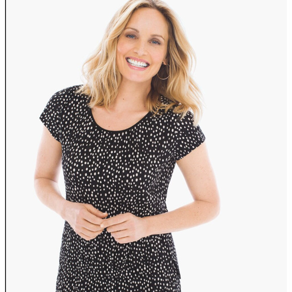 Chico's Tops - Chico’s Travelers Black Polka Dot Print Pleated Plisse Short Sleeve Top
